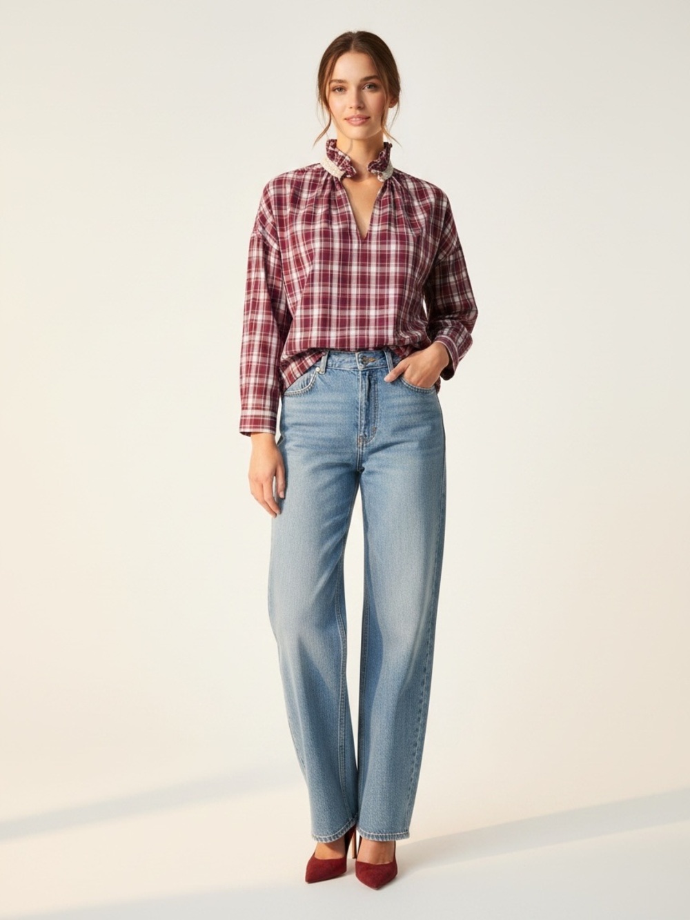 A Shirt Thing Penelope Top Womens XS Popover Cranberry Peasant Ruffle Collar